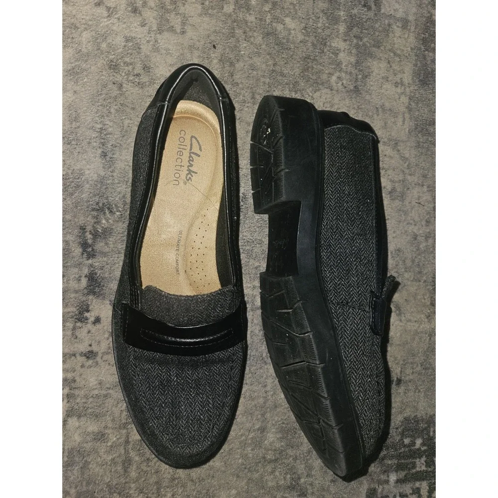 Clarks Women's Shoes loafers  grey herringbone tweed with black trim EXC Size 8M